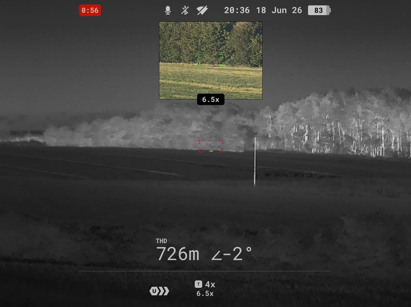 The Pulsar Symbion's thermal view with a laser rangefinder reading of 726m