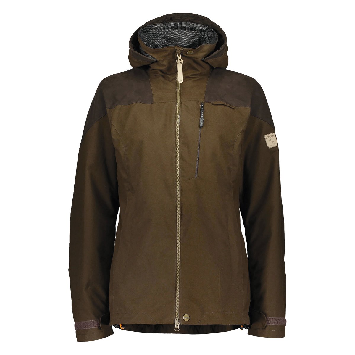 Sasta Aurora women's hunting jacket in two-tone brown with a fixed hood