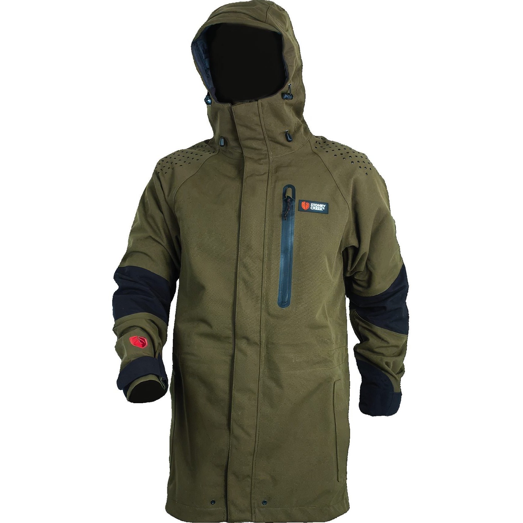 The Stoney Creek Tundra stalking jacket in olive green, with a wired-peak hood and articulated elbows