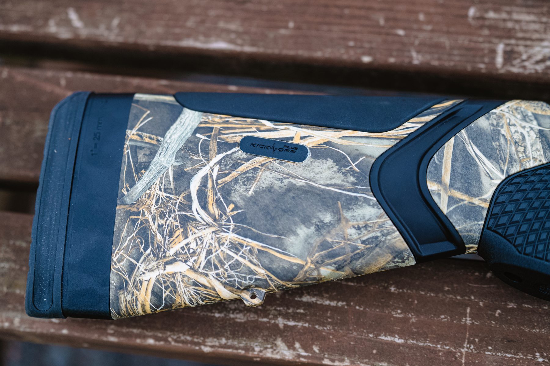Beretta A400 Solo stock showing the Kick-Off Plus recoil system and B-uffer pad in Realtree camo