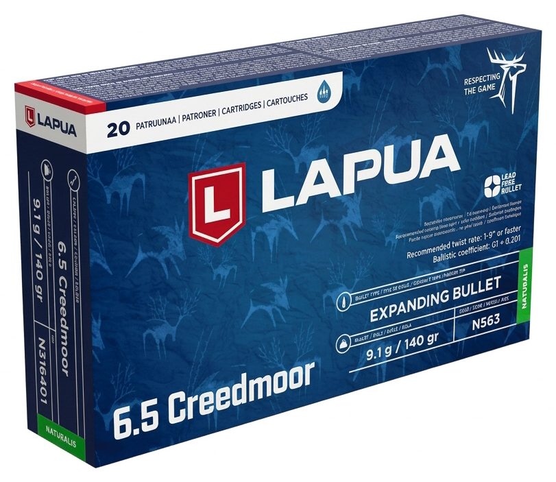 A box of Lapua 6.5 Creedmoor lead-free expanding bullet ammunition
