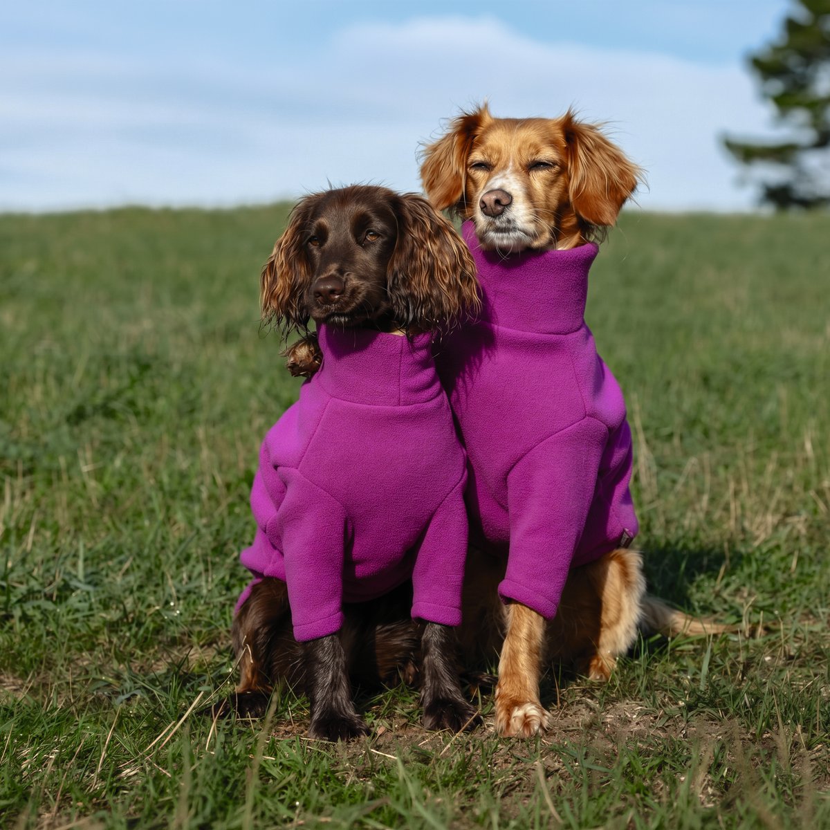 Two spaniels wearing purple Equafleece dog jumpers sitting on grass